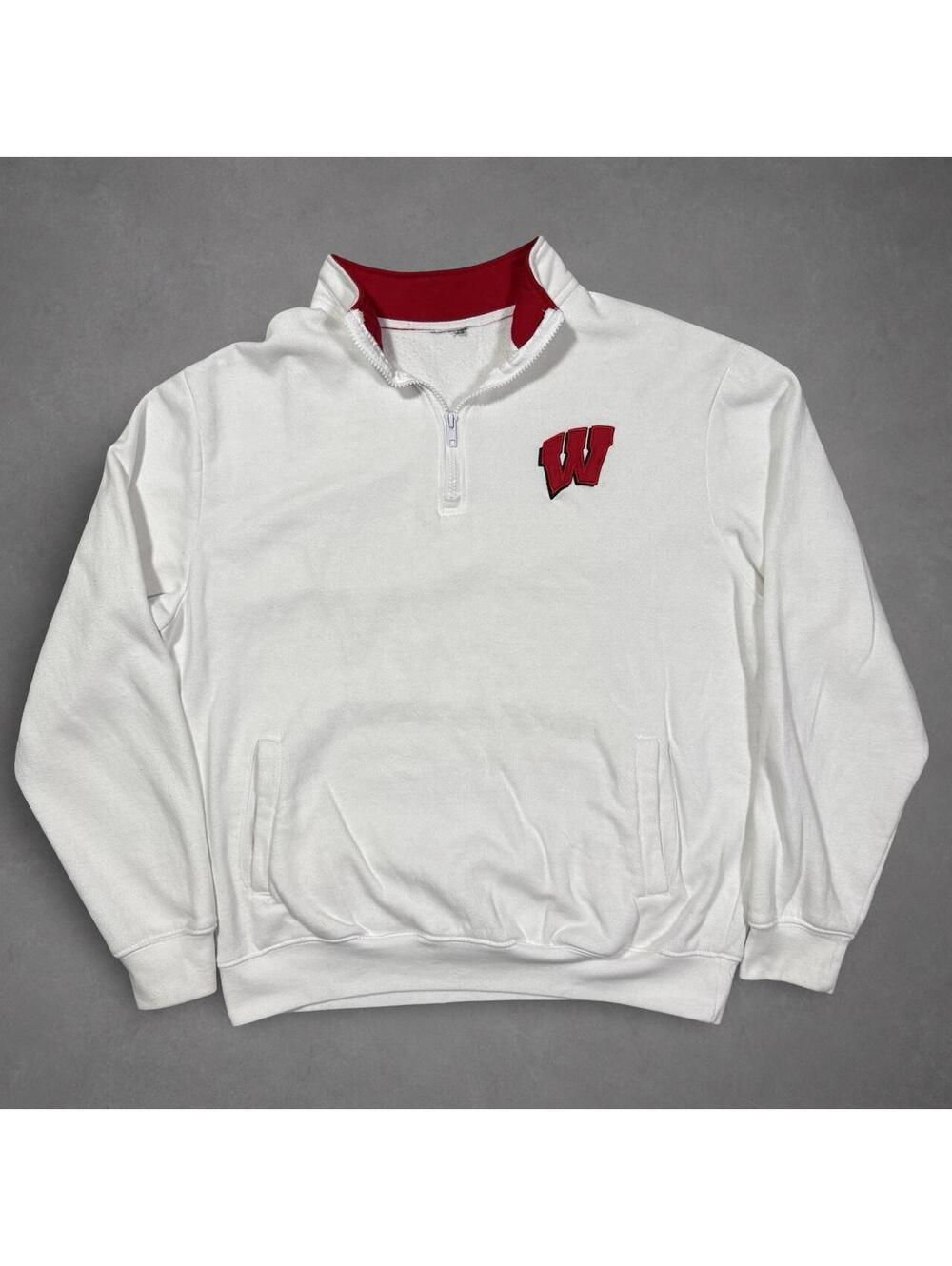 Wisconsin Badgers White Quarter Zip Pullover Sweatshirt Red W